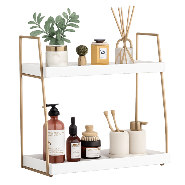 Bathroom Organizer Countertop, Counter Organizer for Bathroom Decor, Wooden Sink Shelf for Vanity Storage, Makeup Tray for Perfume Skincare Bedroom Kitchen Corner (2 Tier, White and Gold)