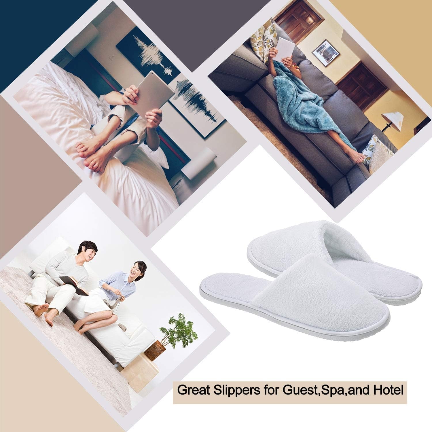 House Slippers, 12 Pairs House Slippers for Guests, Cotton Velvet Closed Toe Spa Slipper Disposable Indoor Slipper for Hotel, Salon, Travel, Shoeless Home, Commercial Use - Grey & White