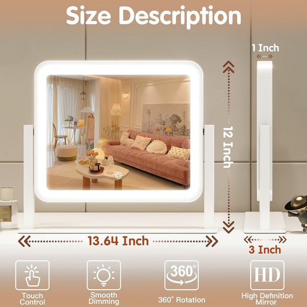 Vanity Mirror with Lights, 14"X12", Modern, White Aluminum Frame, Tabletop Mount, Smart Touch Sensor, 3-Color Lighting