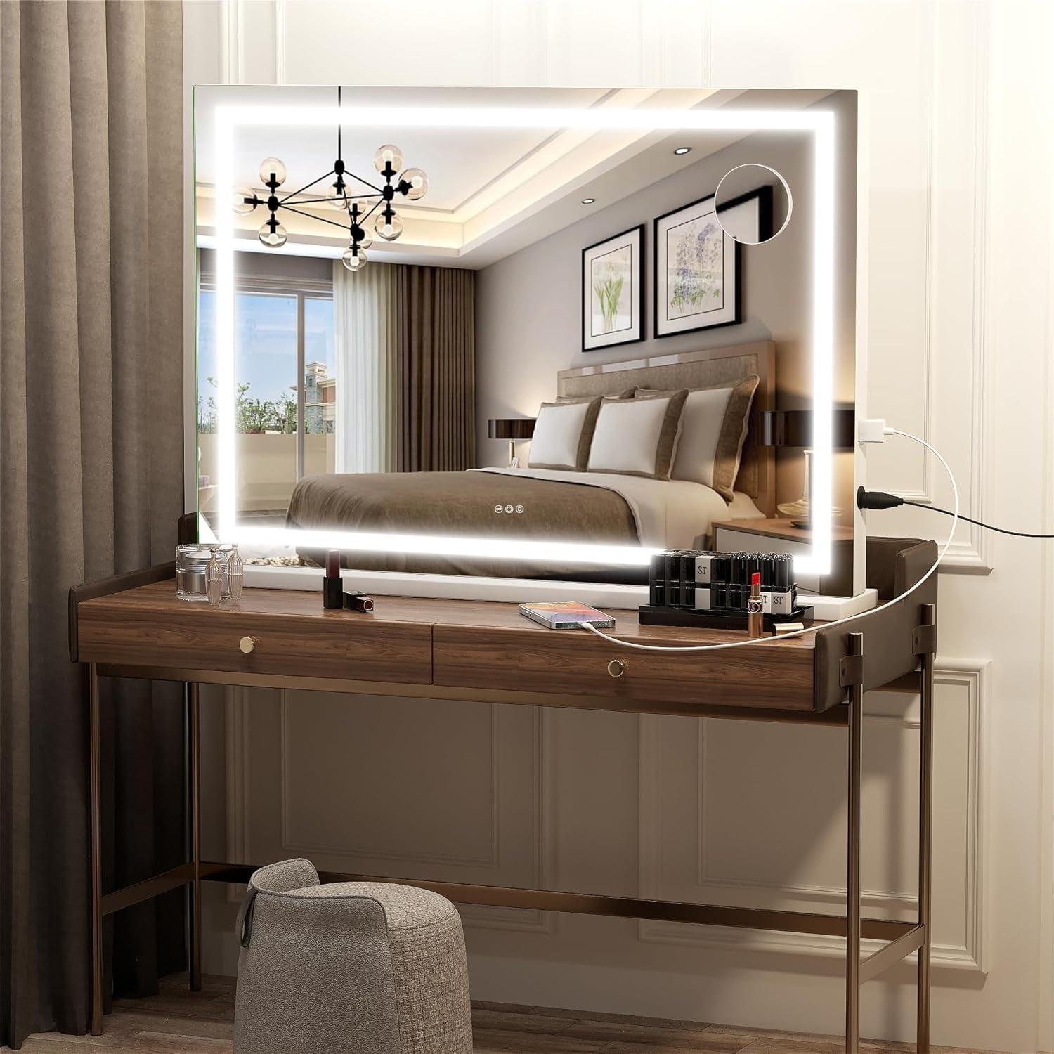 Vanity Mirror with Lights, 28" X 20" LED Makeup Mirror, Lighted Makeup Mirror with Dimmable 3 Modes, Touch Screen Control Vanity Mirror Square White