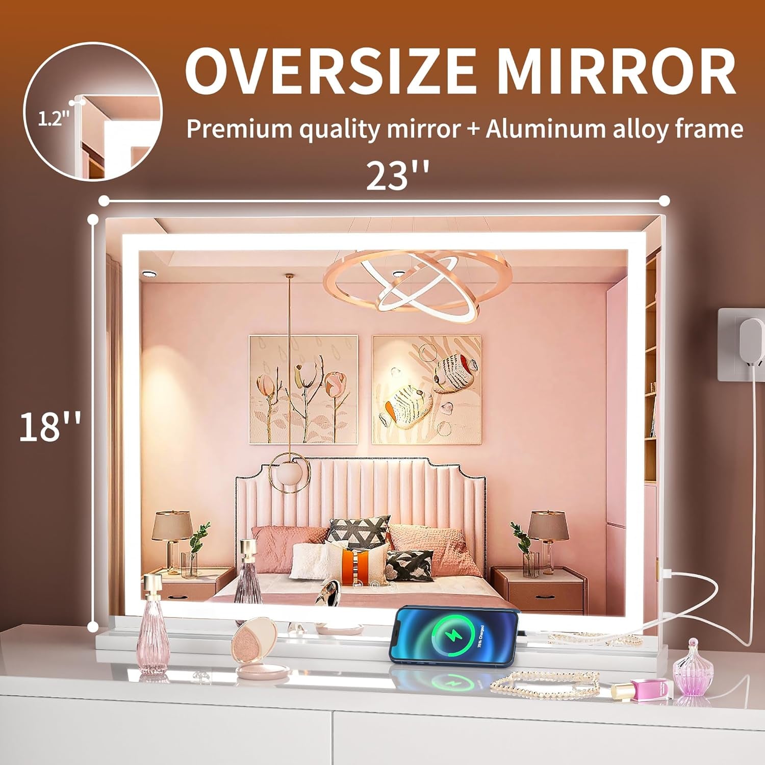 Vanity Mirror with Lights, 23" X 18" LED Makeup Mirror, Lighted Makeup Mirror with Dimmable 3 Modes, Touch Screen Control Vanity Mirror Square White