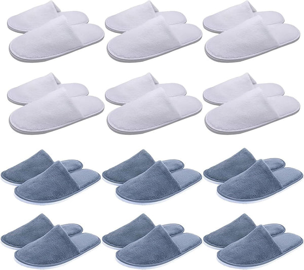 House Slippers, 12 Pairs House Slippers for Guests, Cotton Velvet Closed Toe Spa Slipper Disposable Indoor Slipper for Hotel, Salon, Travel, Shoeless Home, Commercial Use - Grey & White