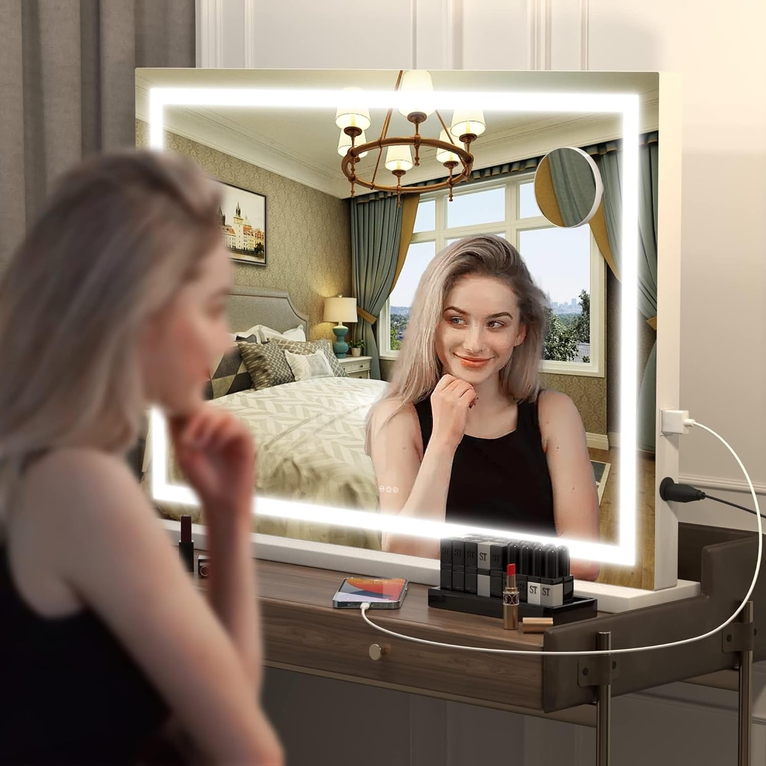 Vanity Mirror with Lights, 23" X 18" LED Makeup Mirror, Lighted Makeup Mirror with Dimmable 3 Modes, Touch Screen Control Vanity Mirror Square White