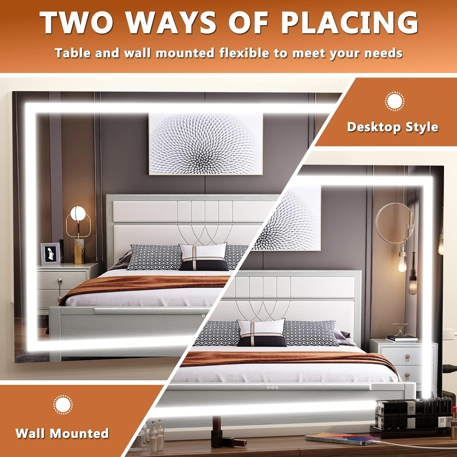 Vanity Mirror with Lights, 23" X 18" LED Makeup Mirror, Lighted Makeup Mirror with Dimmable 3 Modes, Touch Screen Control Vanity Mirror Square White