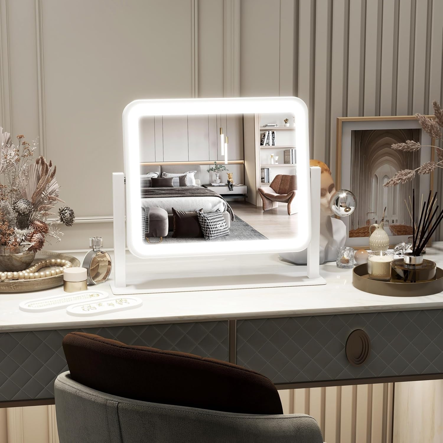 Vanity Mirror with Lights, 14"X12", Modern, White Aluminum Frame, Tabletop Mount, Smart Touch Sensor, 3-Color Lighting