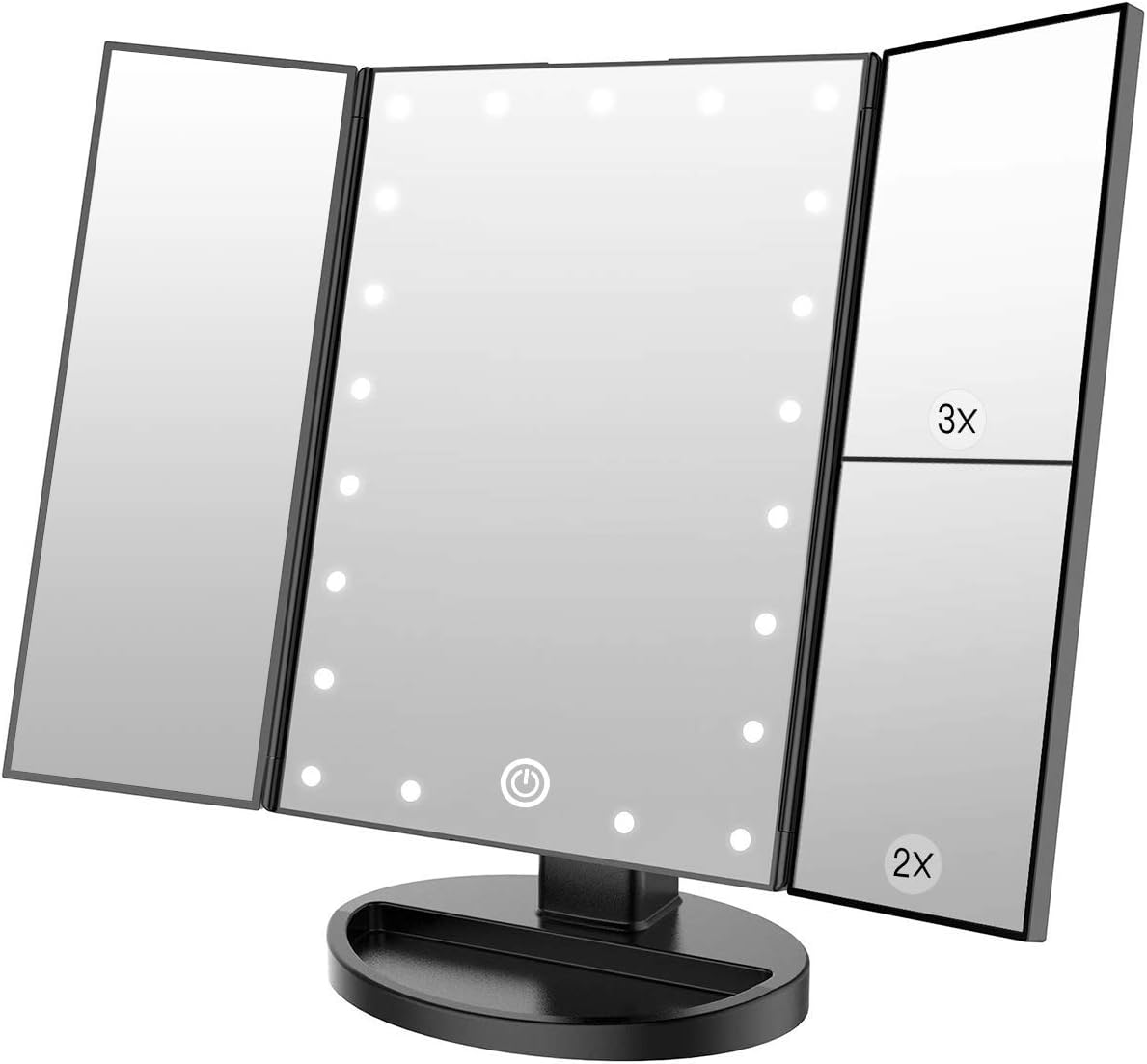 Vanity Makeup Mirror,1X/2X/3X Tri-Fold Makeup Mirror with 21 LED Lights and Adjustable Touch Screen Lighted Mirror Dressing Mirrors for Women(Black)