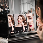 Vanity Makeup Mirror,1X/2X/3X Tri-Fold Makeup Mirror with 21 LED Lights and Adjustable Touch Screen Lighted Mirror Dressing Mirrors for Women(Black)