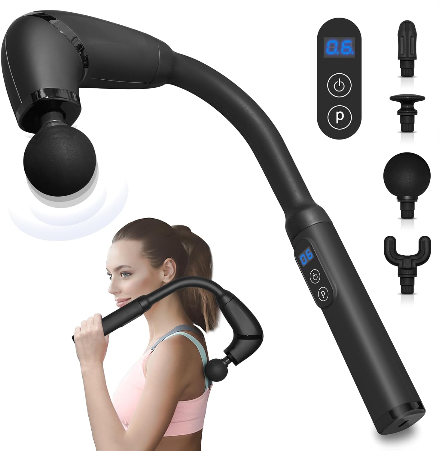 Massage Gun with Upgraded Extension Handle, Portable Muscles/Neck/Shoulders/Waist/Legs Massager with 4 Massage Heads, 3 Modes & 6 Speed Levels