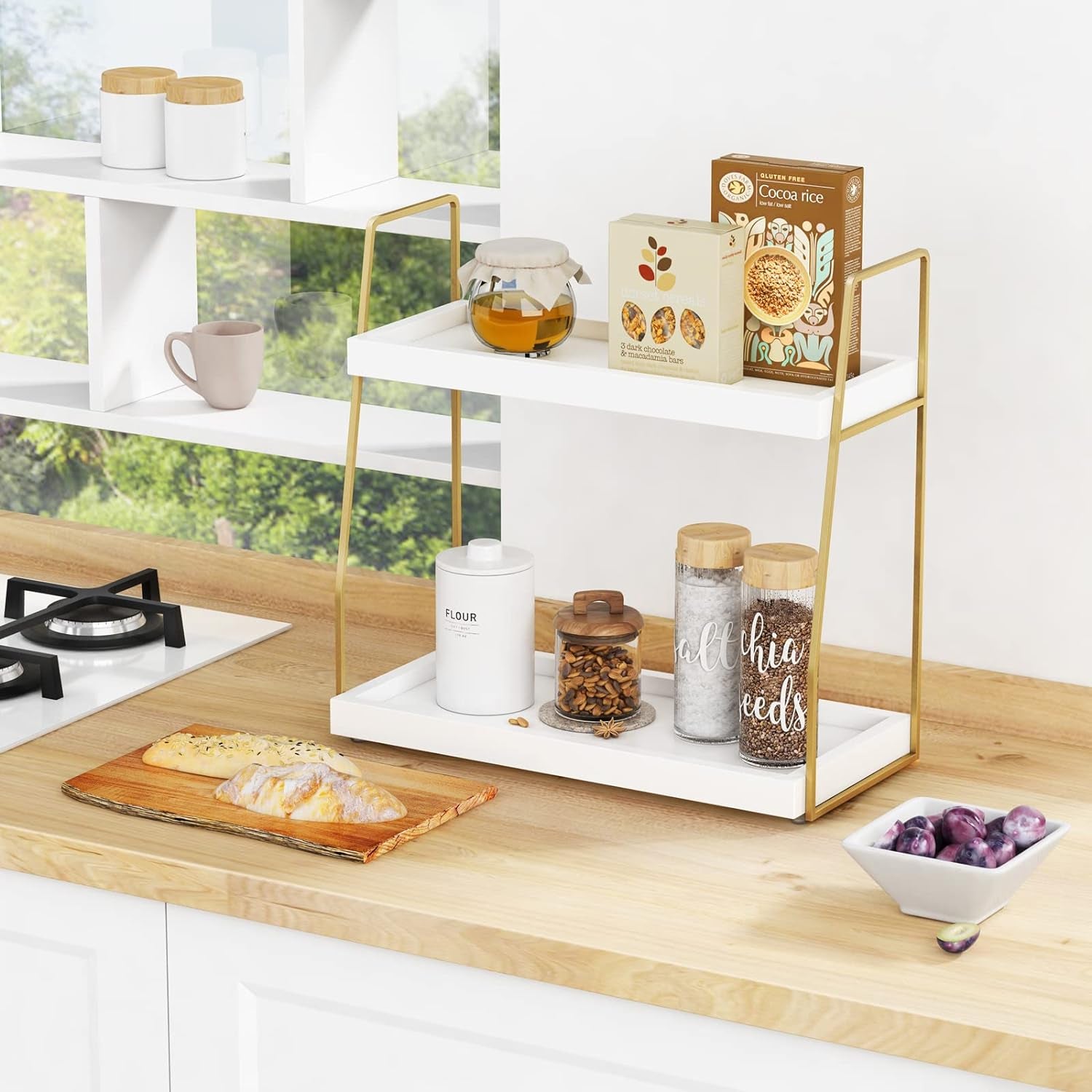 Bathroom Organizer Countertop, Counter Organizer for Bathroom Decor, Wooden Sink Shelf for Vanity Storage, Makeup Tray for Perfume Skincare Bedroom Kitchen Corner (2 Tier, White and Gold)