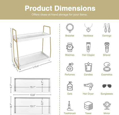 Bathroom Organizer Countertop, Counter Organizer for Bathroom Decor, Wooden Sink Shelf for Vanity Storage, Makeup Tray for Perfume Skincare Bedroom Kitchen Corner (2 Tier, White and Gold)