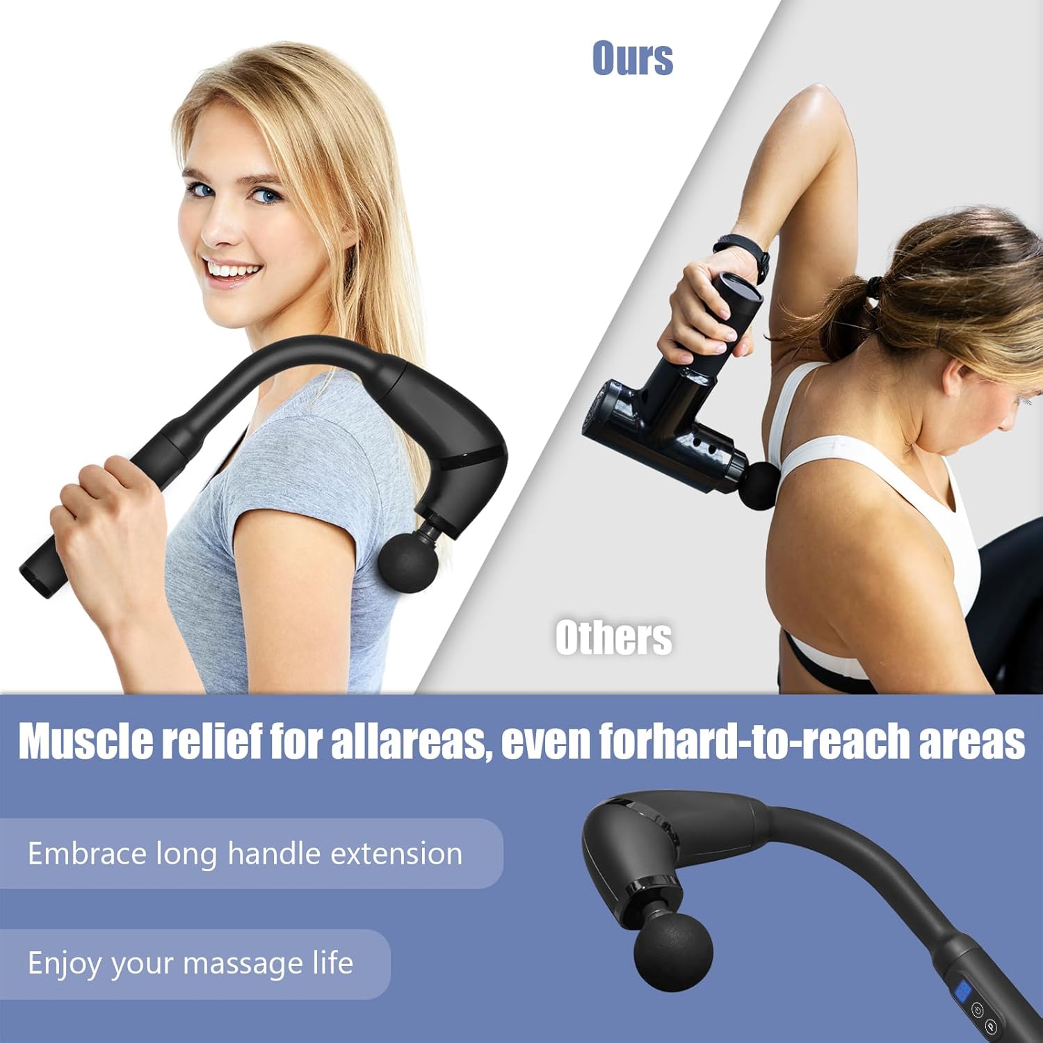 Massage Gun with Upgraded Extension Handle, Portable Muscles/Neck/Shoulders/Waist/Legs Massager with 4 Massage Heads, 3 Modes & 6 Speed Levels