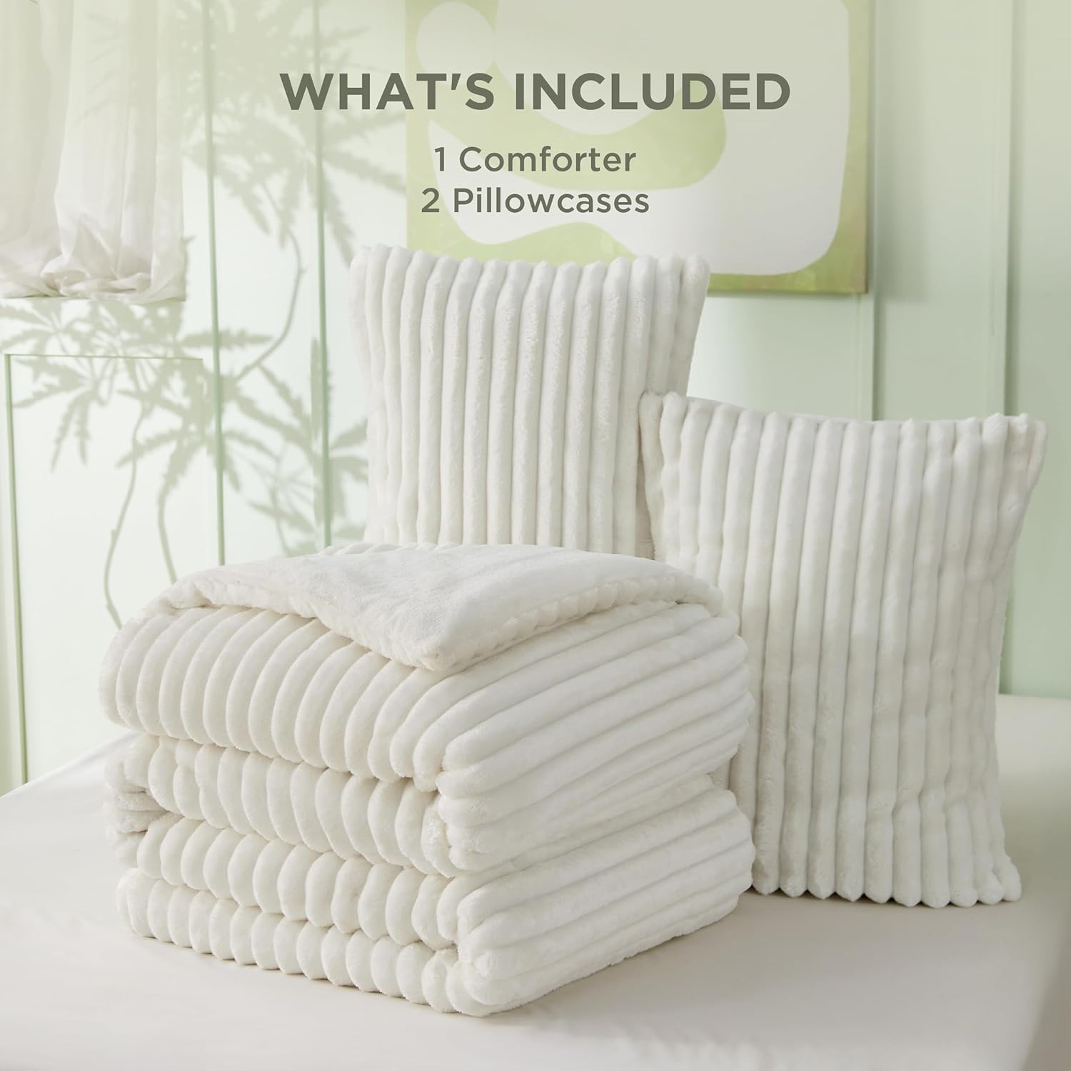 Fluffy Comforter Set Queen - Super Soft Faux Fur Comforter Queen Size Cream White, Winter Warm Fleece Bedding Set, Plush Fuzzy Bed Set, 3 Pieces, 1 Shaggy Comforter with 2 Pillowcases