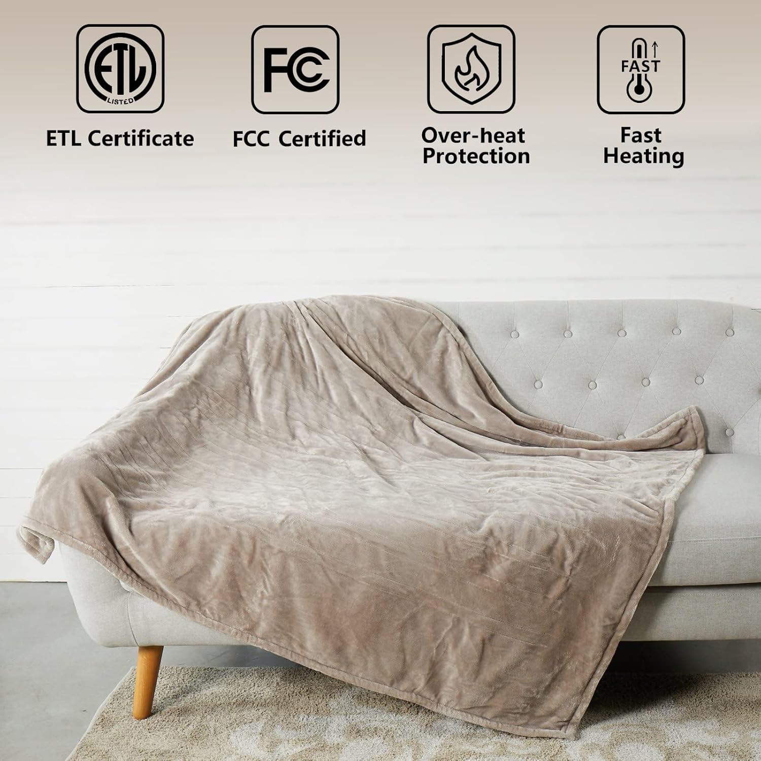 Electric Heated Blanket Throw, Super Cozy Soft Flannel 50" X 60" Heated Throw with 3 Fast Heating Levels & 4 Hours Auto Off, Machine Washable, ETL&FCC Certification, Home Office Use, Camel
