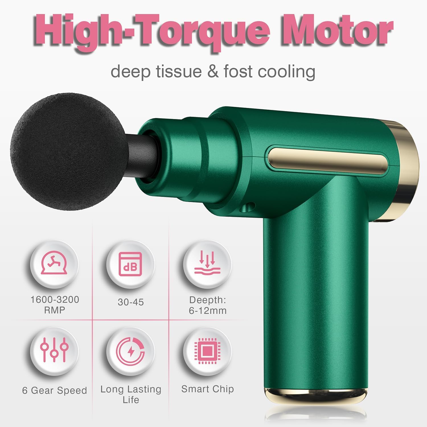 Massage Gun, Massage Gun with 4 Massage Heads & 6 Speeds, Electric Mini Handheld Massager Type-C Charging, Travel Size, Best Gifts for Dad and Mom-Green