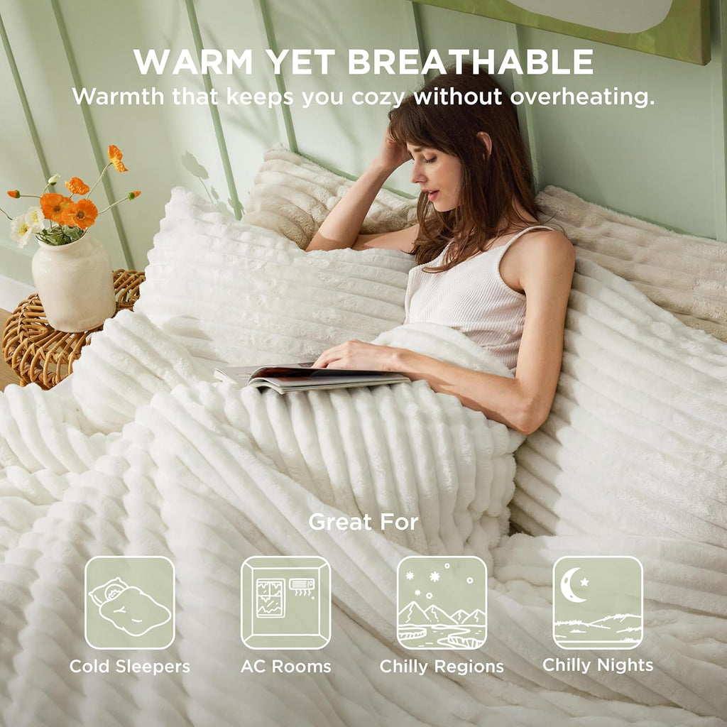 Fluffy Comforter Set Queen - Super Soft Faux Fur Comforter Queen Size Cream White, Winter Warm Fleece Bedding Set, Plush Fuzzy Bed Set, 3 Pieces, 1 Shaggy Comforter with 2 Pillowcases