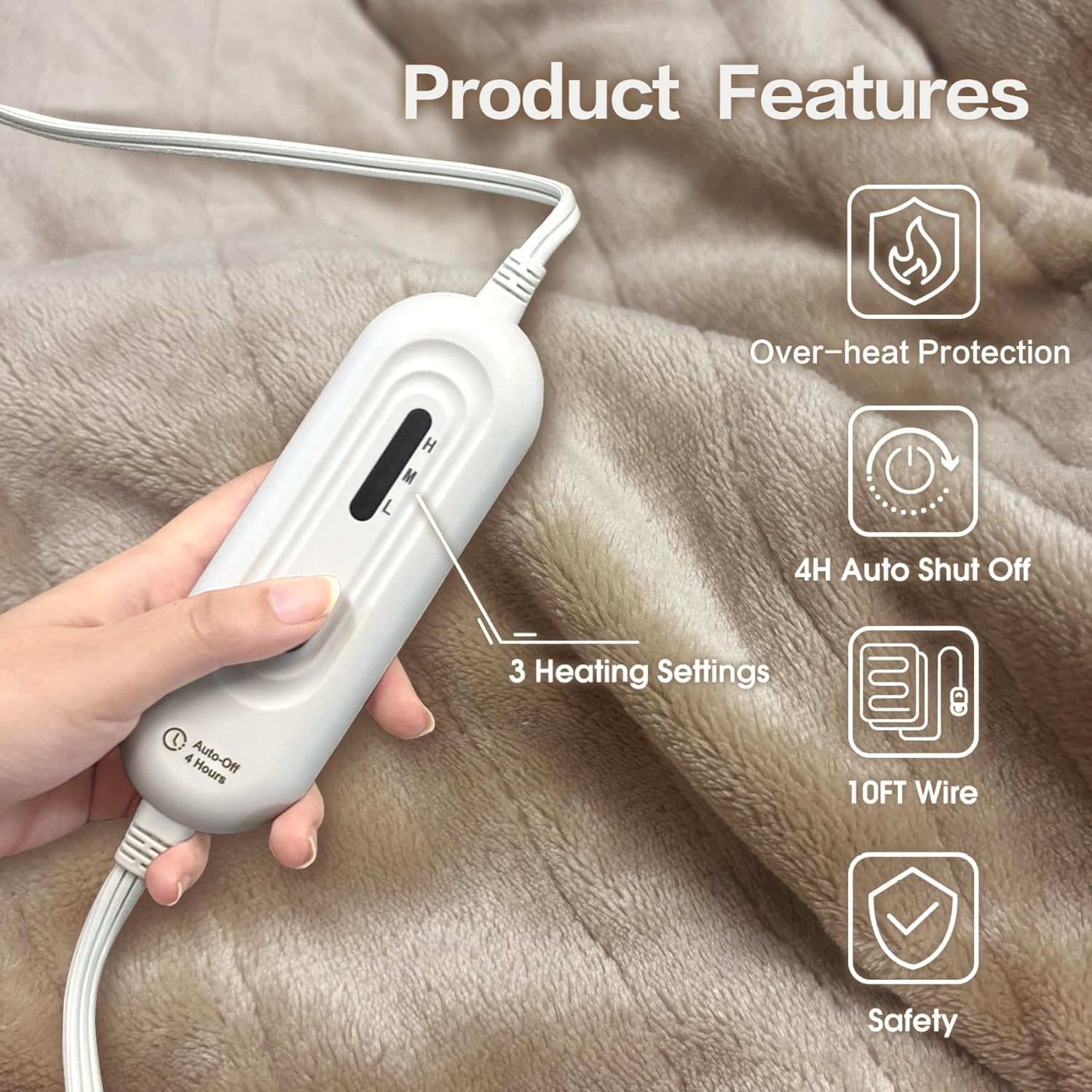 Electric Heated Blanket Throw, Super Cozy Soft Flannel 50" X 60" Heated Throw with 3 Fast Heating Levels & 4 Hours Auto Off, Machine Washable, ETL&FCC Certification, Home Office Use, Camel