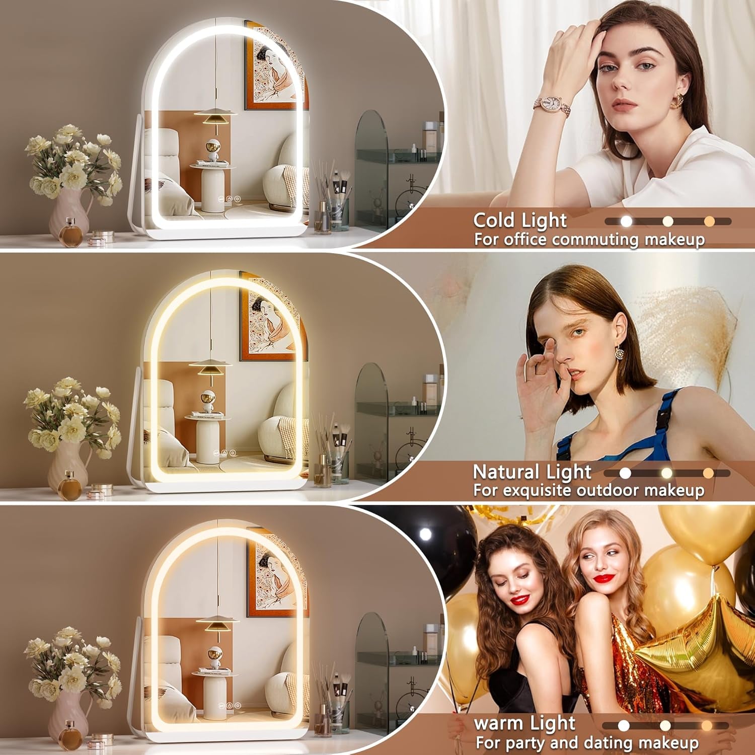 Vanity Mirror with Lights, 11"× 14" Arched LED Makeup Mirror, Lighted Makeup Mirror with Lights, Smart Touch Control Dimmable 3 Modes Light 360°Rotation White