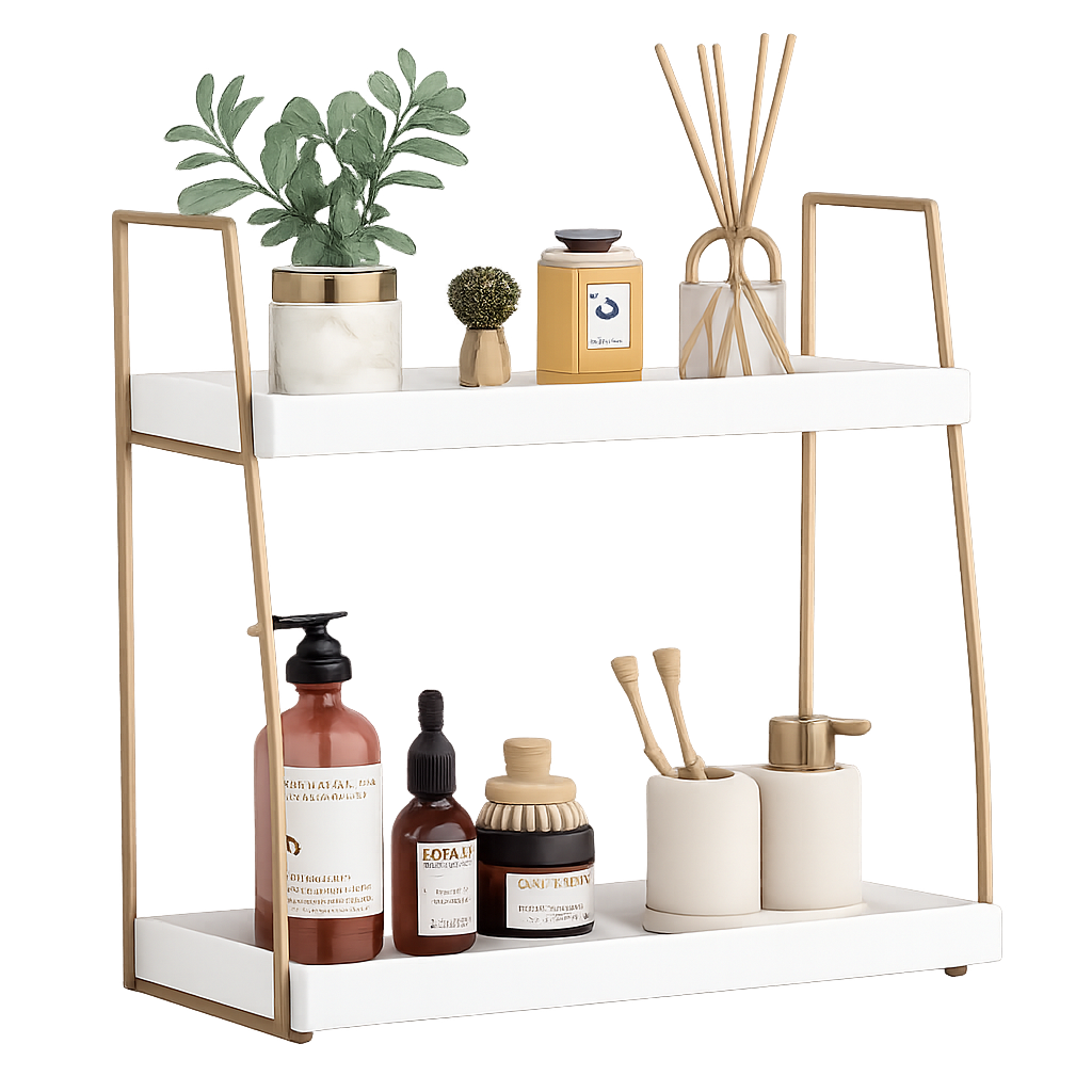 Bathroom Organizer Countertop, Counter Organizer for Bathroom Decor, Wooden Sink Shelf for Vanity Storage, Makeup Tray for Perfume Skincare Bedroom Kitchen Corner (2 Tier, White and Gold)