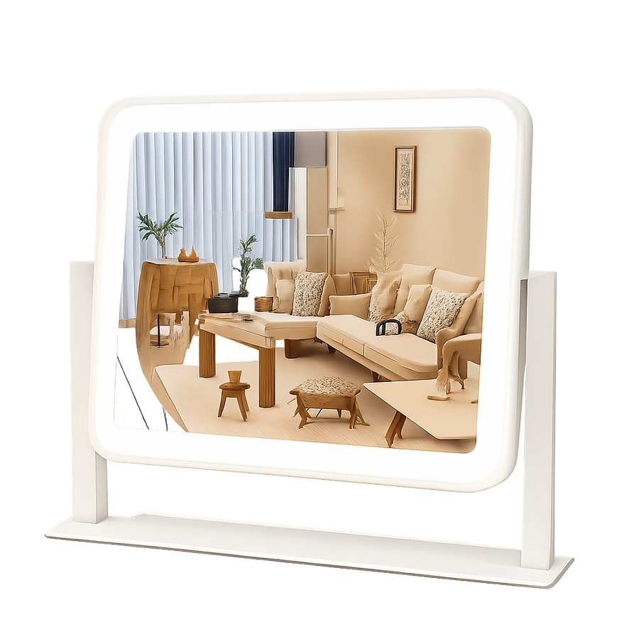 Vanity Mirror with Lights, 14"X12", Modern, White Aluminum Frame, Tabletop Mount, Smart Touch Sensor, 3-Color Lighting