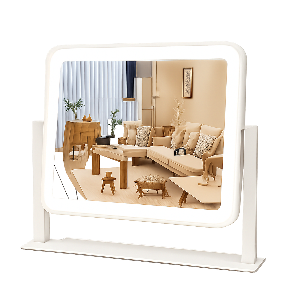 Vanity Mirror with Lights, 14"X12", Modern, White Aluminum Frame, Tabletop Mount, Smart Touch Sensor, 3-Color Lighting