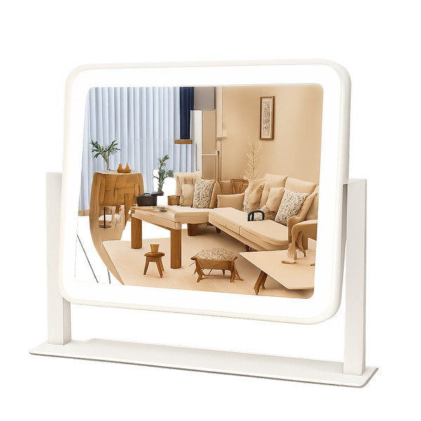 Vanity Mirror with Lights, 14"X12", Modern, White Aluminum Frame, Tabletop Mount, Smart Touch Sensor, 3-Color Lighting