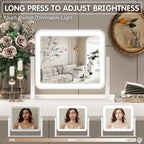 Vanity Mirror with Lights, 14"X12", Modern, White Aluminum Frame, Tabletop Mount, Smart Touch Sensor, 3-Color Lighting