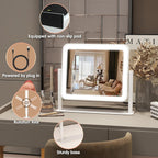 Vanity Mirror with Lights, 14"X12", Modern, White Aluminum Frame, Tabletop Mount, Smart Touch Sensor, 3-Color Lighting