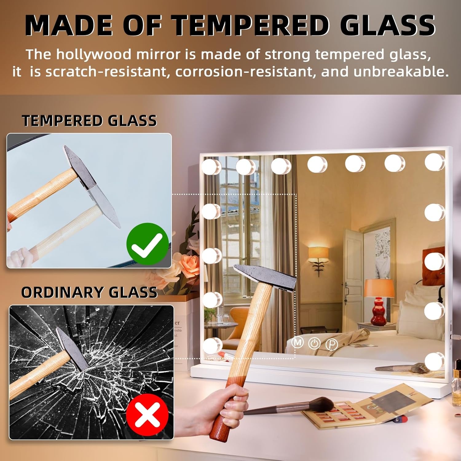 Large Vanity Mirror with Lights, Hollywood Mirror with Lights, Lighted Vanity Mirror with 15 Dimmable LED Bulbs for Dressing Table, Light up Makeup Mirror Tabletop or Wall-Mounted White