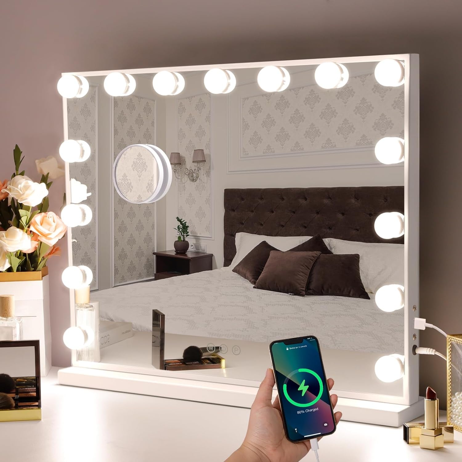 Large Vanity Mirror with Lights, Hollywood Mirror with Lights, Lighted Vanity Mirror with 15 Dimmable LED Bulbs for Dressing Table, Light up Makeup Mirror Tabletop or Wall-Mounted White
