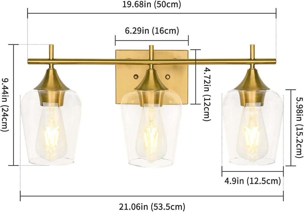 3-Light Gold Bathroom Light Fixtures, Brushed Brass Vanity Lights for Bathroom with Clear Glass Shade over Mirror for Bedroom Hallway Living Room