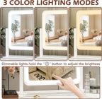 Vanity Mirror with Lights, 14"X12", Modern, White Aluminum Frame, Tabletop Mount, Smart Touch Sensor, 3-Color Lighting