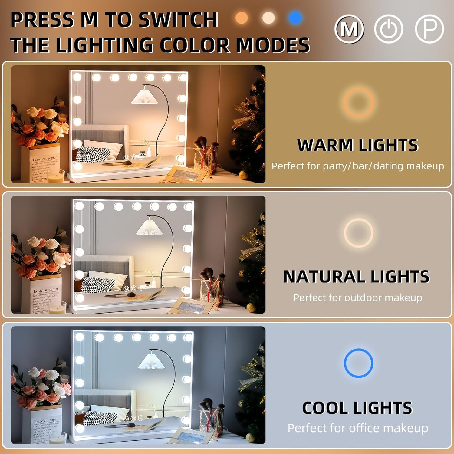 Large Vanity Mirror with Lights, Hollywood Mirror with Lights, Lighted Vanity Mirror with 15 Dimmable LED Bulbs for Dressing Table, Light up Makeup Mirror Tabletop or Wall-Mounted White